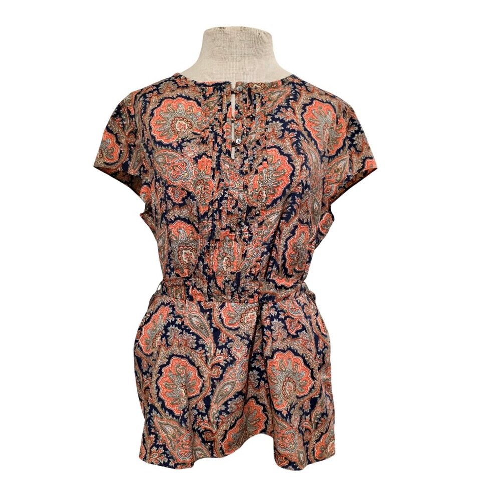 Tommy Hilfiger Womens Paisley Peplum Top Large Tie Back Belted Boho Chic Western